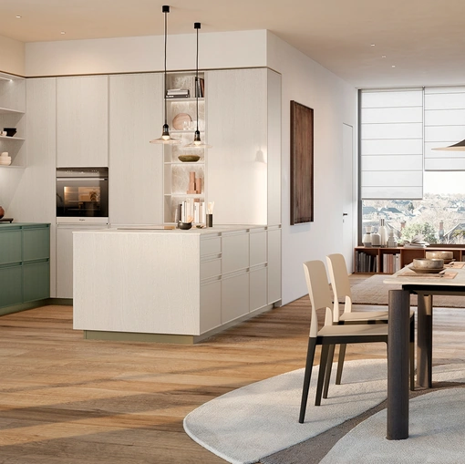 Cucina Moderna con penisola Sakura 07 in Frassino laccato opaco Verde e Frassino laccato Crema di Veneta Cucine